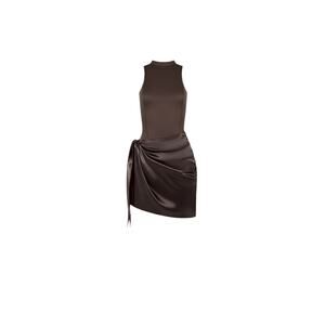 Manière De Voir Neoprene & Satin Wrap Bodycon Dress ibrown. Elegant modern glam